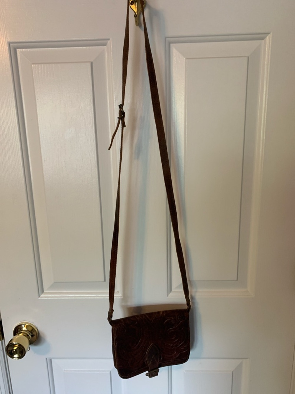 Tooled Brown Leather Crossbody Bag
